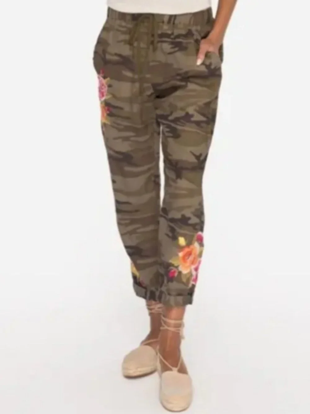 Johnny Was Women's Vella Jogger Pants Camo Print Floral Embroidered Linen Sz M